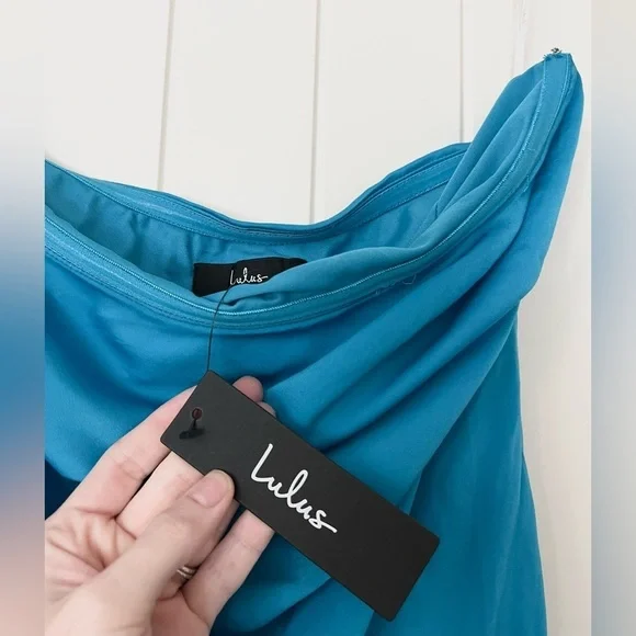 NWT Lulus Exquisite Excellence Turquoise Satin Strapless Maxi Dress - Picture 8 of 11